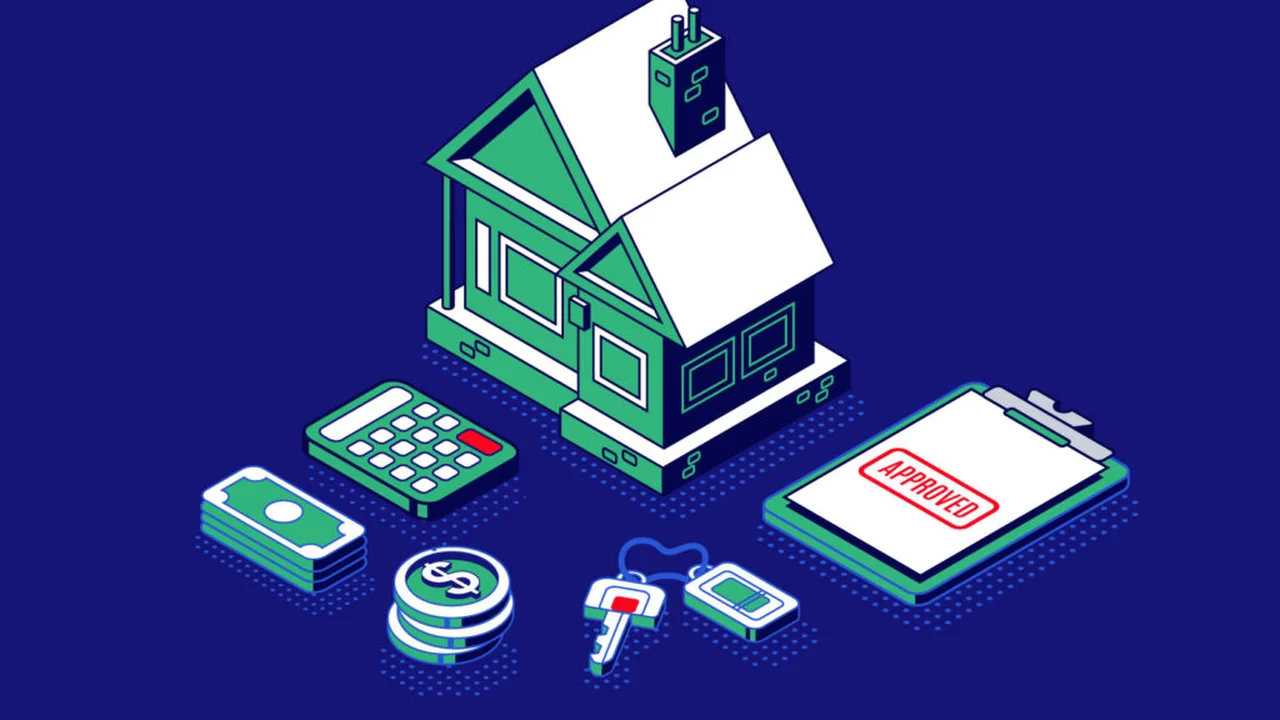 Close up on a plate of mashed potatoes, topped with baked pork chops with cream of mushroom soup, and a side of green beans.