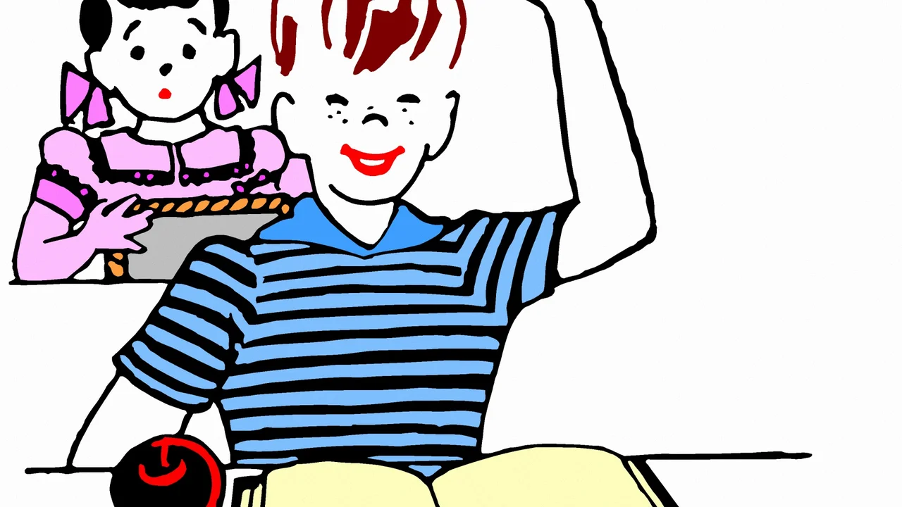 Close up on a plate of mashed potatoes, topped with baked pork chops with cream of mushroom soup, and a side of green beans.